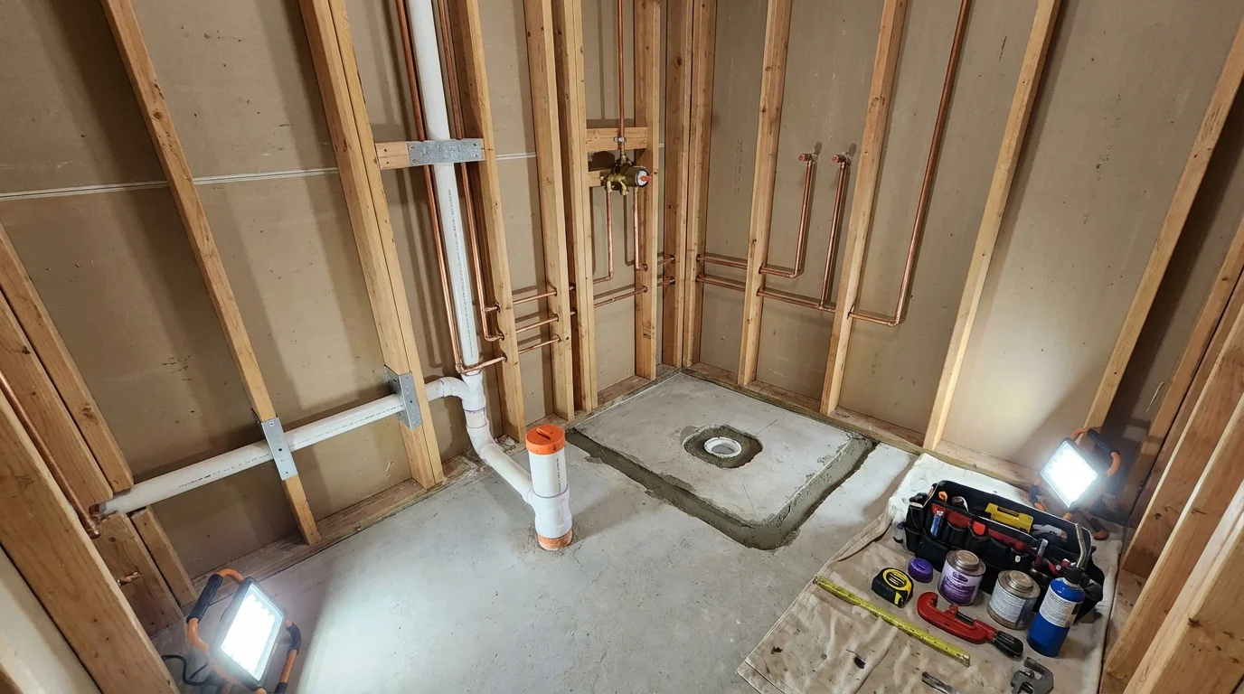 Bathroom rough-in plumbing during remodel by Johns Plumbing LLC in Rocky River