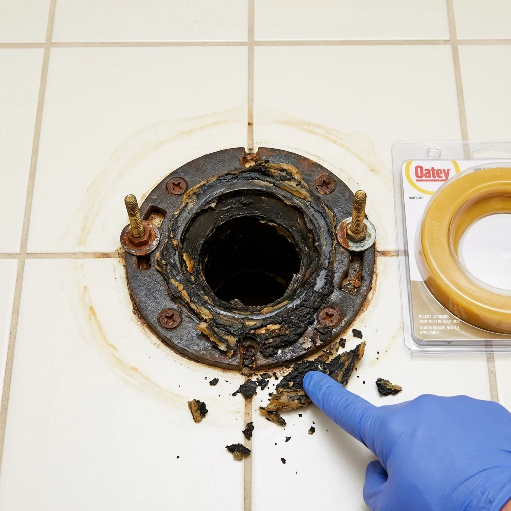 Failed wax ring showing water seepage at the base of a toilet in a Rocky River, OH home