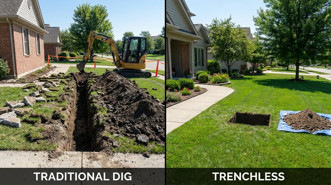 Trenchless sewer repair with minimal yard damage versus traditional excavation in Rocky River, OH
