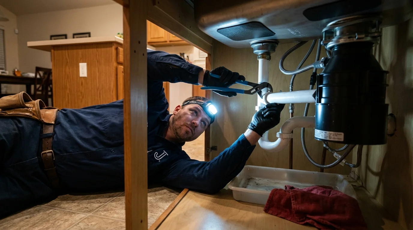 P-trap and supply line connections under a kitchen sink showing a common leak point in Rocky River, OH